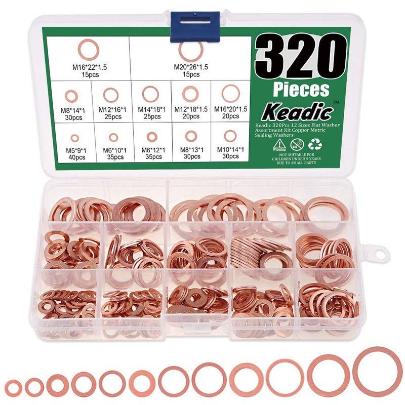 Keadic 320Pcs Copper Washers, 12 Sizes Copper Crush Washer, Coppers Sealing Washers Flat Ring Sump Plug Oil Seal Gasket Flat Washers Assortment Kit for Automotive M6 M8 M10 M12 M14 M16 M18 M20 - Image 1